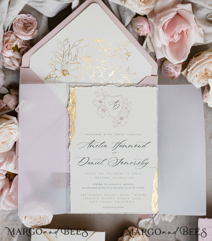 Vintage Floral golden Crest Monogram Blush Wedding Invitation with chiffon torn bow, French Provence Garden Elegant Floral Wedding Invitation suite Deckled Torn edges , Elegant Toile de Jouy & Baroque Invitation set