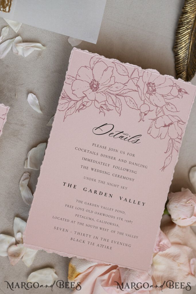 Vintage Floral golden Crest Monogram Blush Wedding Invitation with chiffon torn bow, French Provence Garden Elegant Floral Wedding Invitation suite Deckled Torn edges , Elegant Toile de Jouy & Baroque Invitation set