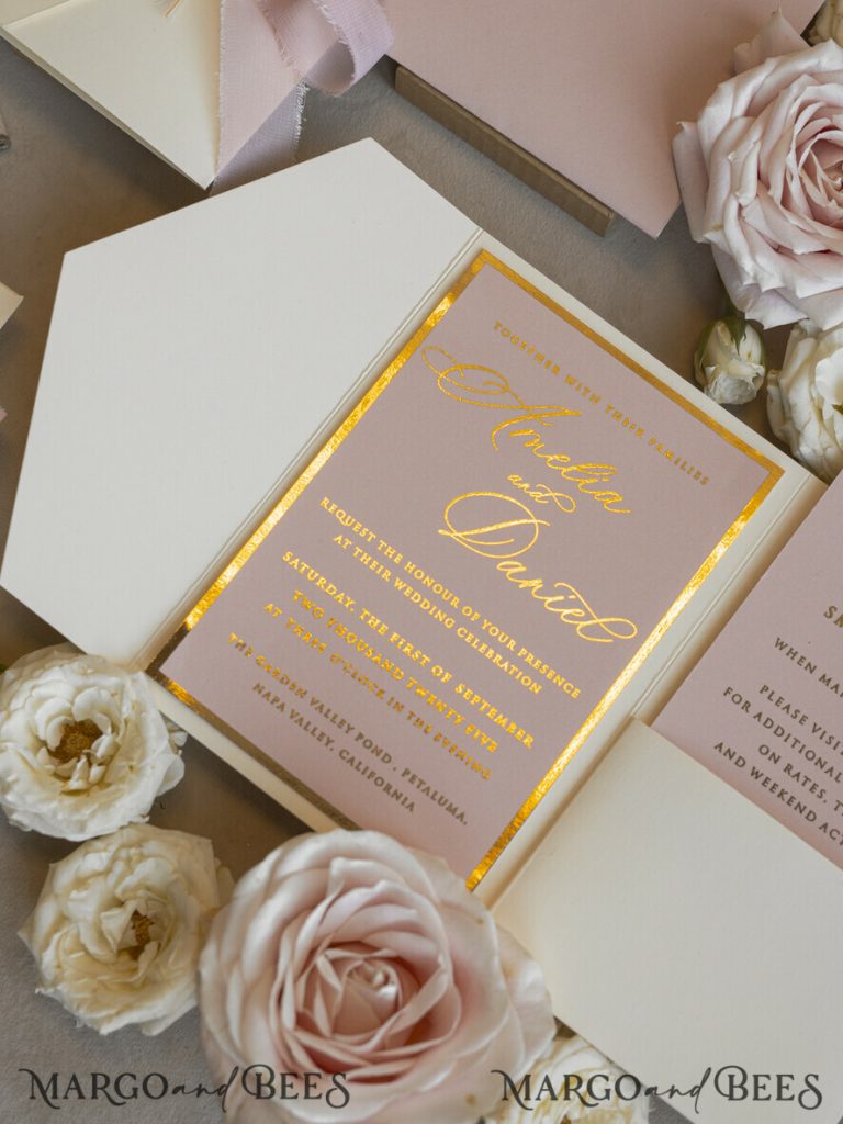 Folder Blush Gold Wedding Invitation with chiffon torn bow and natural dried flowers, Golden Elegant Roses Floral Wedding Invitation with golden mirror heart