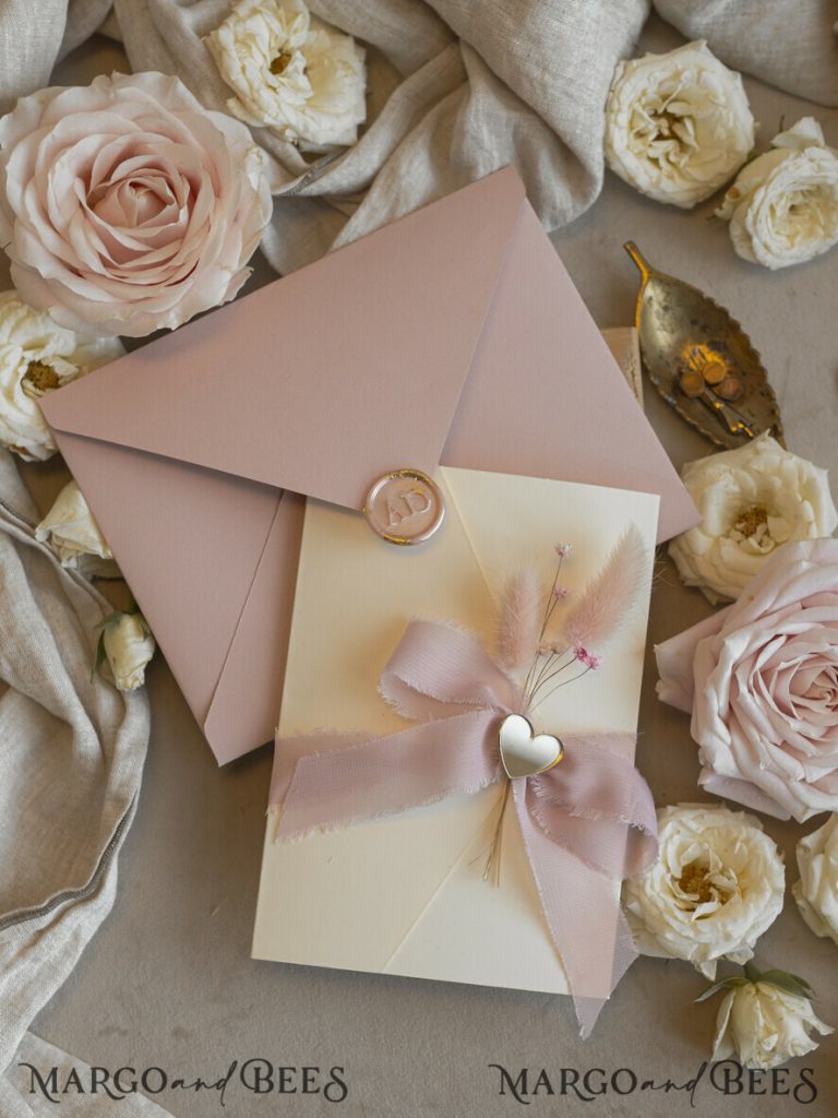 Folder Blush Gold Wedding Invitation with chiffon torn bow and natural dried flowers, Golden Elegant Roses Floral Wedding Invitation with golden mirror heart