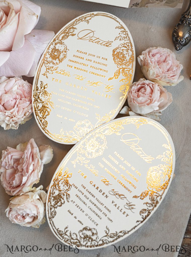 Vintage Baroque Wedding Invitation suite Beige Golden Fine art Roses Wedding Invitations with rsvp Victorian wedding crest Chinoiserie Invites Royal Ornamental frame