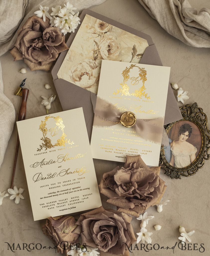 Vintage Baroque Wedding Invitation suite Beige Golden Fine art Roses Wedding Invitations with rsvp Victorian wedding crest Chinoiserie Invites Royal Ornamental frame