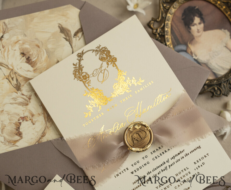 Vintage Baroque Wedding Invitation suite Beige Golden Fine art Roses Wedding Invitations with rsvp Victorian wedding crest Chinoiserie Invites Royal Ornamental frame