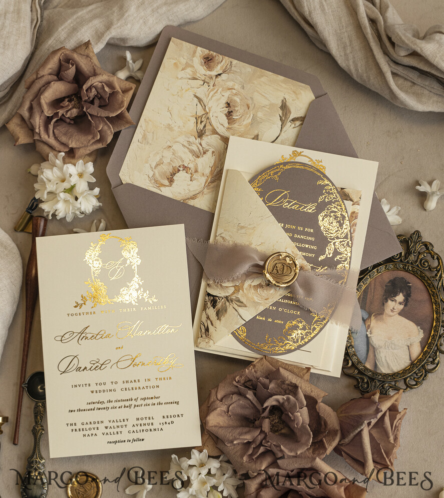 Vintage Baroque Wedding Invitation suite Beige Golden Fine art Roses Wedding Invitations with rsvp Victorian wedding crest Chinoiserie Invites Royal Ornamental frame