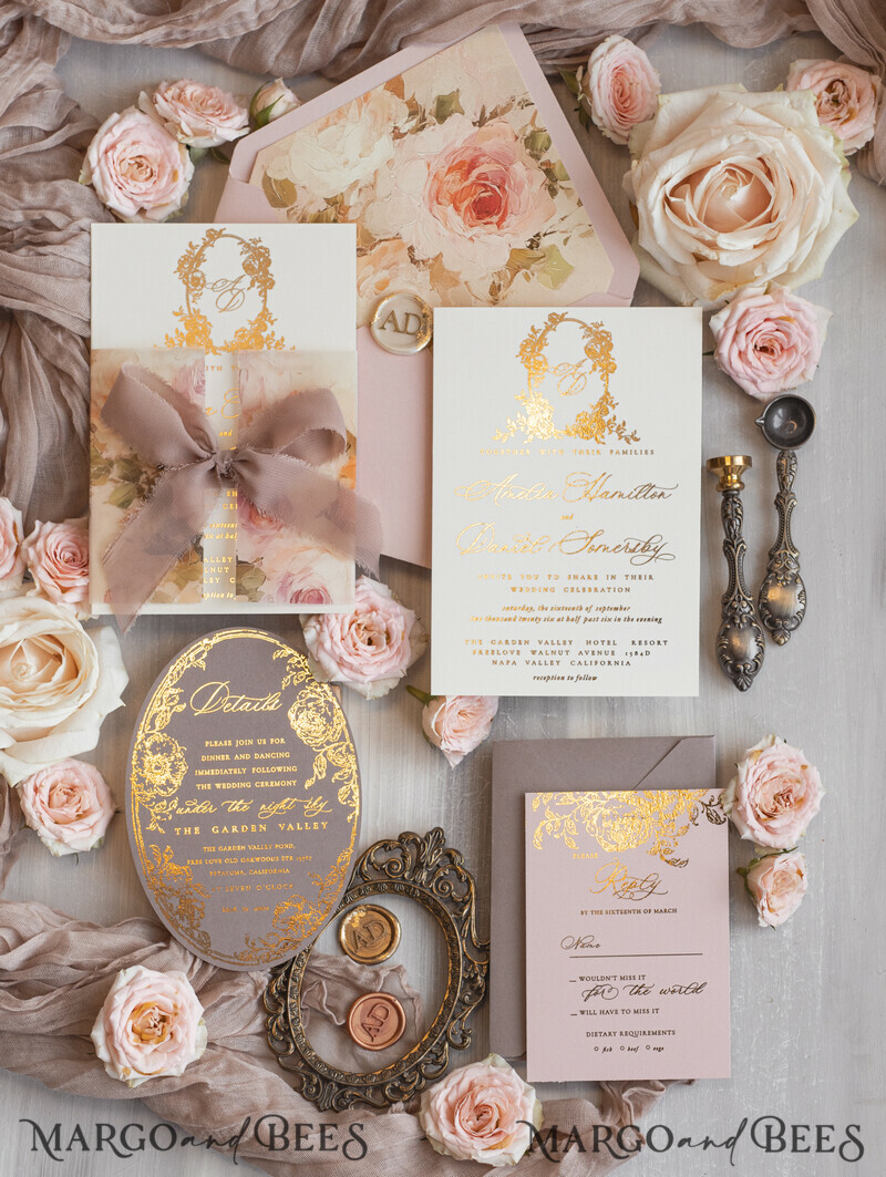 Vintage Baroque Wedding Invitation suite Beige Golden Fine art Roses Wedding Invitations with rsvp Victorian wedding crest Chinoiserie Invites Royal Ornamental frame