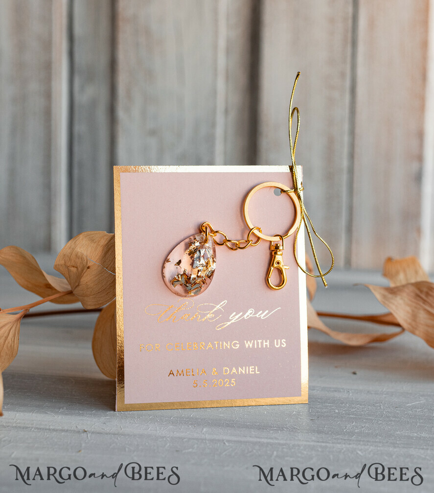 Wedding Favors For Guests in bulk Custom Resin glamour golden Keychain, Golden personalised Thank you gifts Teardrop Keychain with Gold-Plated Stainless Steel Hardware