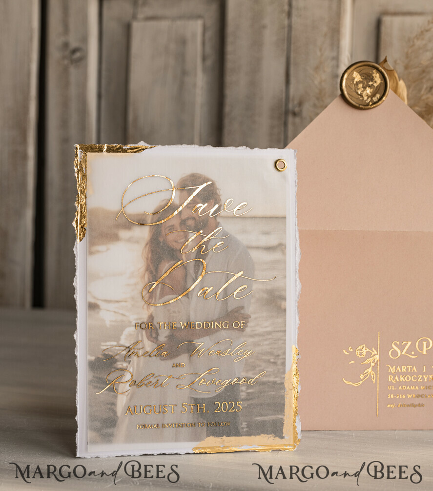 Blush Pink and Gold Deckled Edges Save the Date Cards with Photo, Boho Vellum Golden Save Our Dates with Photo