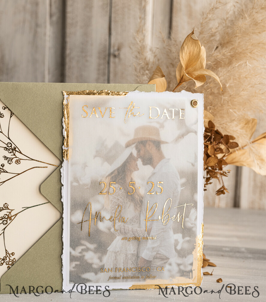 Sage green and Gold Deckled Edges Save the Date Cards with Photo, Boho Vellum Golden Save Our Dates with Photo
