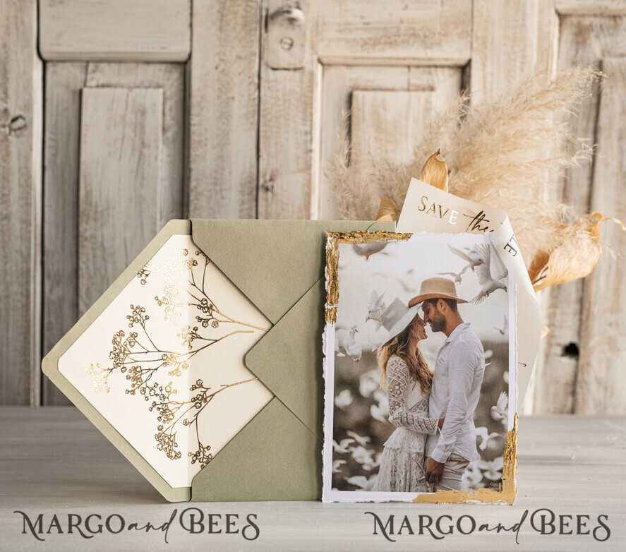 Sage green and Gold Deckled Edges Save the Date Cards with Photo, Boho Vellum Golden Save Our Dates with Photo
