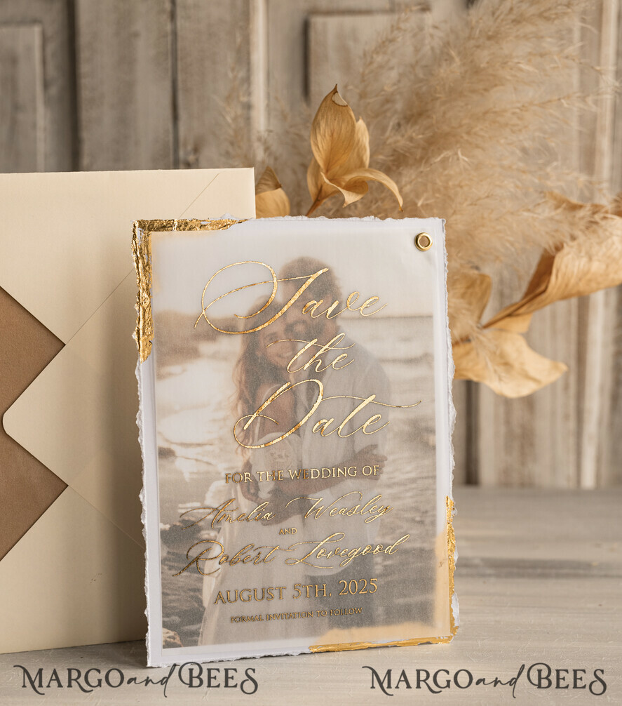 Save the Date Cards with Photo, Vellum Golden Save Our Dates with Photo