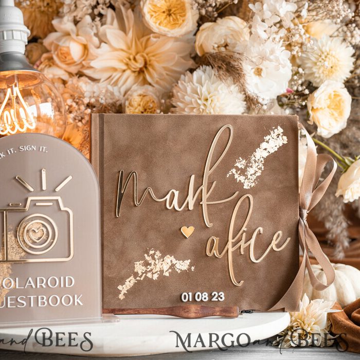 Fall beige Gold Acrylic Wedding Guest Book Personalised and arch acrylic sign set, Tan Taupe Velvet Instant Photo Book Boho Elegant Instax Wedding Photo Guestbook, Earthy Acrylic Instax Guestbook Sign, Neutral Velvet Photobooh book
