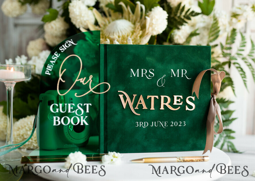 Emerald Green Acrylic and Velvet Wedding Guest Book Personalised & sign set, Greenery elegant Instant Photo Book Boho Elegant Instax Guestbook, sGA
