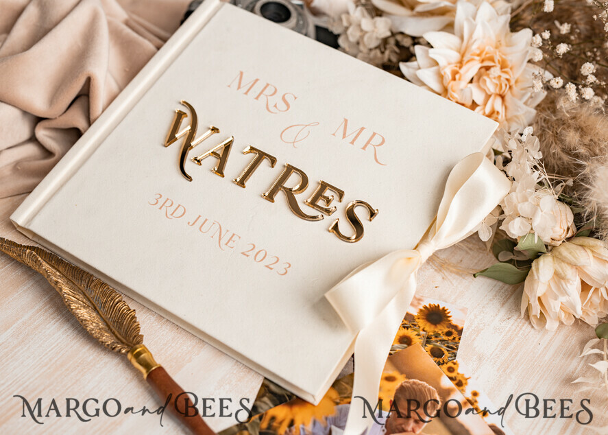 Ivory Golden Bundle Personalised Wedding Guest Book & Custom Made Wedding Vows set of two - Bundle guestbook and vows books
