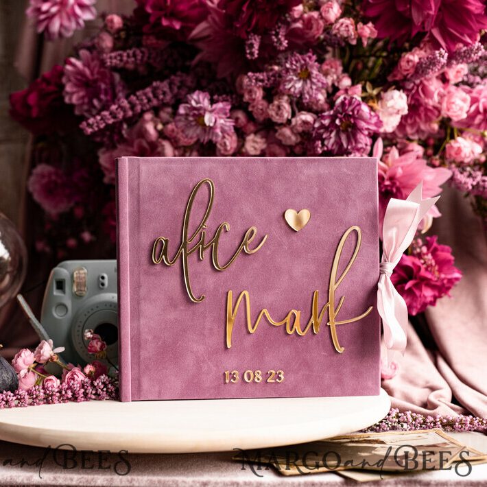 Mauve Gold Acrylic Wedding Guest Book Personalised, Velvet Dusty Rose Instant Photo Book Boho Elegant Instax Wedding Photo Guestbook