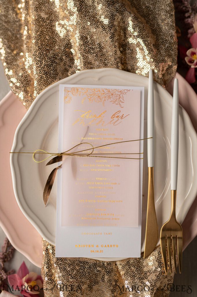 Glamour Golden Shine Wedding Menu, Romantic Blush Pink Wedding Menu With Golden Twine, Luxury Gold Foil Wedding Menu Cards, Elegant Floral White Dinner Menu
