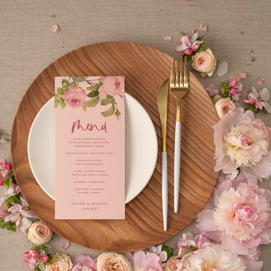 Blush Pink Minimalist Wedding Menu, Pink Boho Floral Wedding Menu, Handmade Greenery Menu, Watercolor Soft Blush Pink Flowers, Simple Flower Wedding Dinner Menu