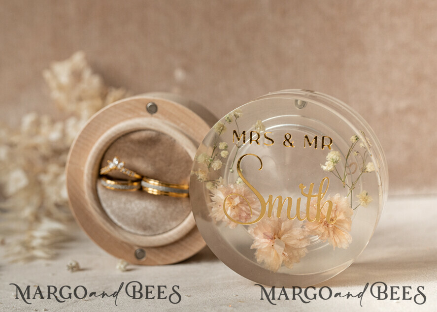 epoxy resin & wood wedding ring box for ceremony, Boho Epoxy Wedding Ring Boxes his hers, Transparent Epoxy dubble Ring Box for wedding, Wood resin flowers Marriage Proposal Ring Box
