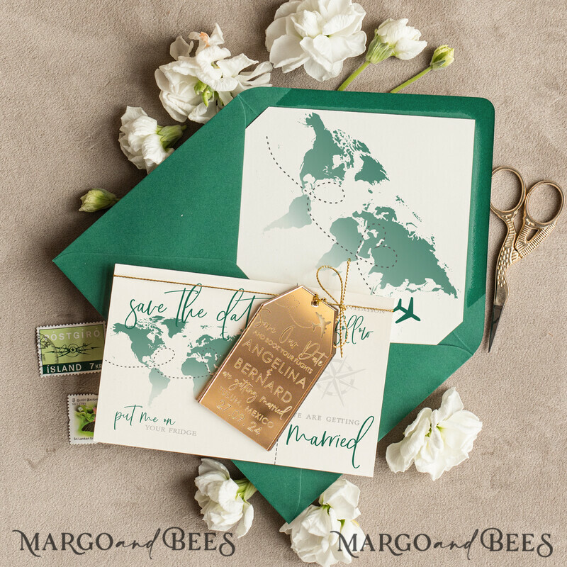 Personalised Travel Save the Date Acrylic Tag Magnet and Card, Gold dark green Luggage Tag Wedding Save The Dates Acrylic Magnets, Save The Date Cards