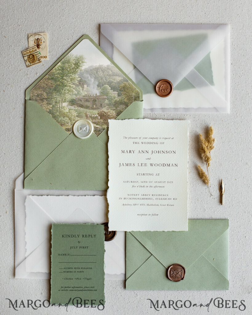 Vintage Sage Green Wedding Invitations, Elegant Greenery Wedding Invites, Handmade Vellum Wedding Invitation Suite, Minimalistic Green Wedding Cards