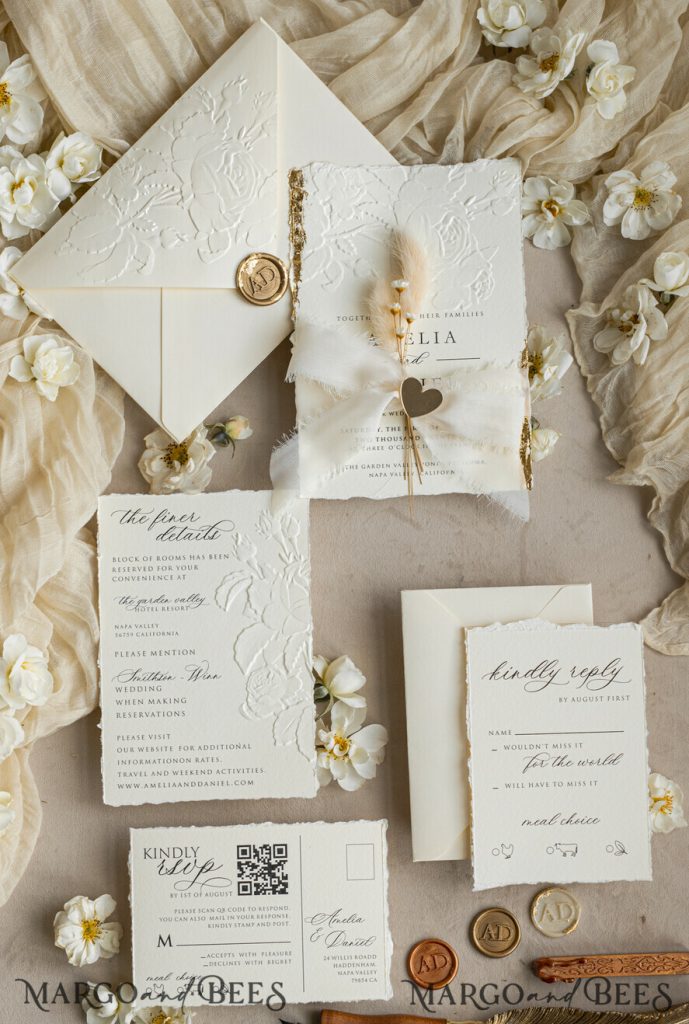 Fine Art Embossed Ivory Gold Wedding Invitation with torn chiffone bow, Golden deboss Roses Floral Wedding Invitation,