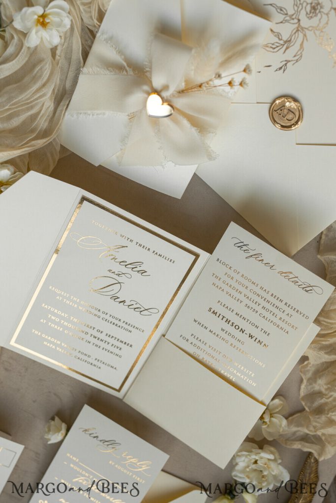 Folder Ivory Gold Wedding Invitation with chiffon torn bow and natural dried flowers , Golden Elegant Roses Floral Wedding Invitation with golden mirror heart
