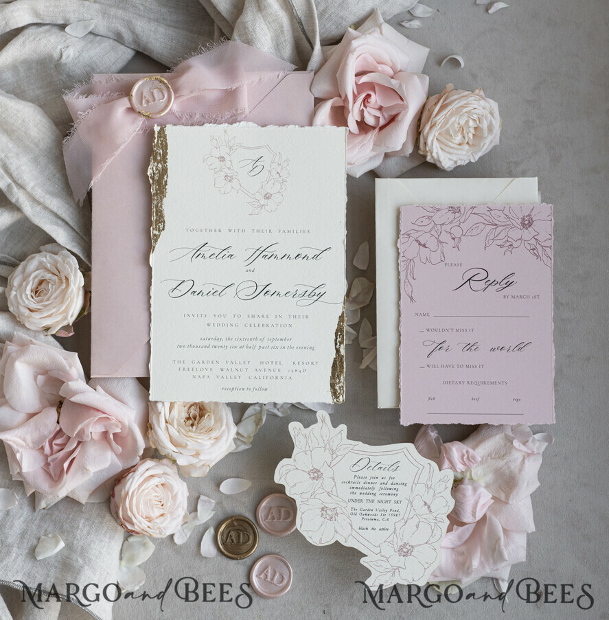 Vintage Floral Crest Monogram Blush Wedding Invitation with chiffon torn bow, French Provence Garden Elegant Floral Wedding Invitation suite Deckled Torn edges , Elegant Toile de Jouy & Baroque Invitation set