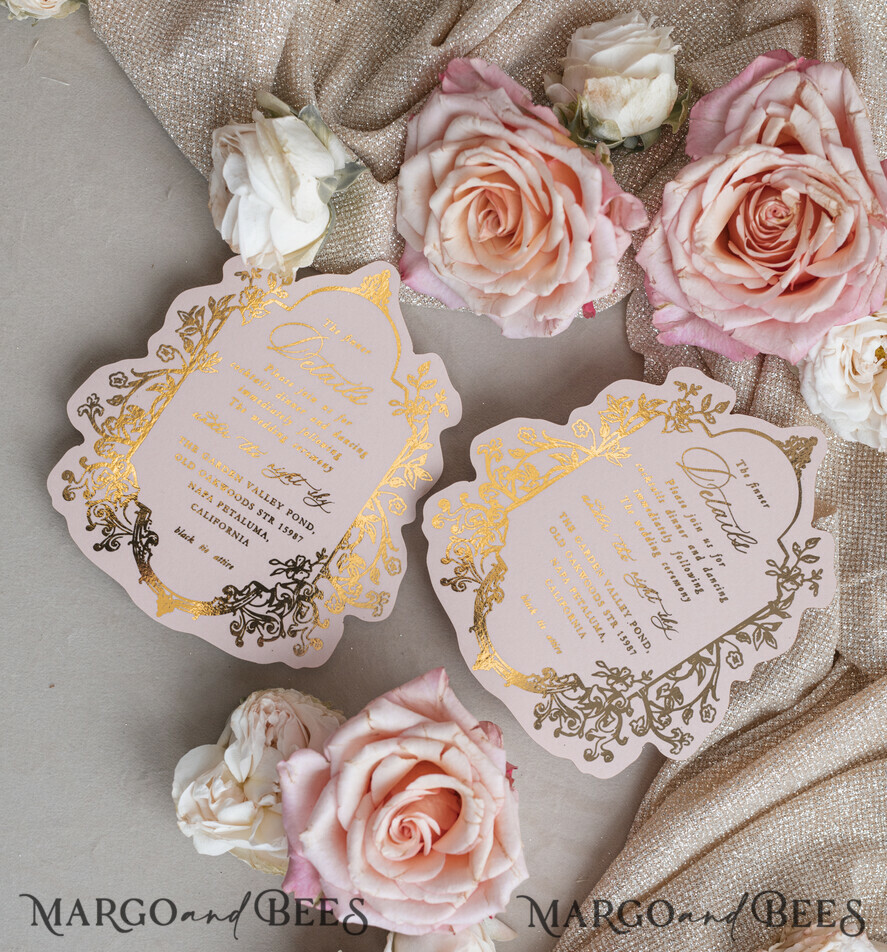 Vintage Baroque Wedding Invitation suite Beige Golden Fine art Roses Wedding Invitations with rsvp Victorian wedding crest Chinoiserie Invites Royal Ornamental frame
