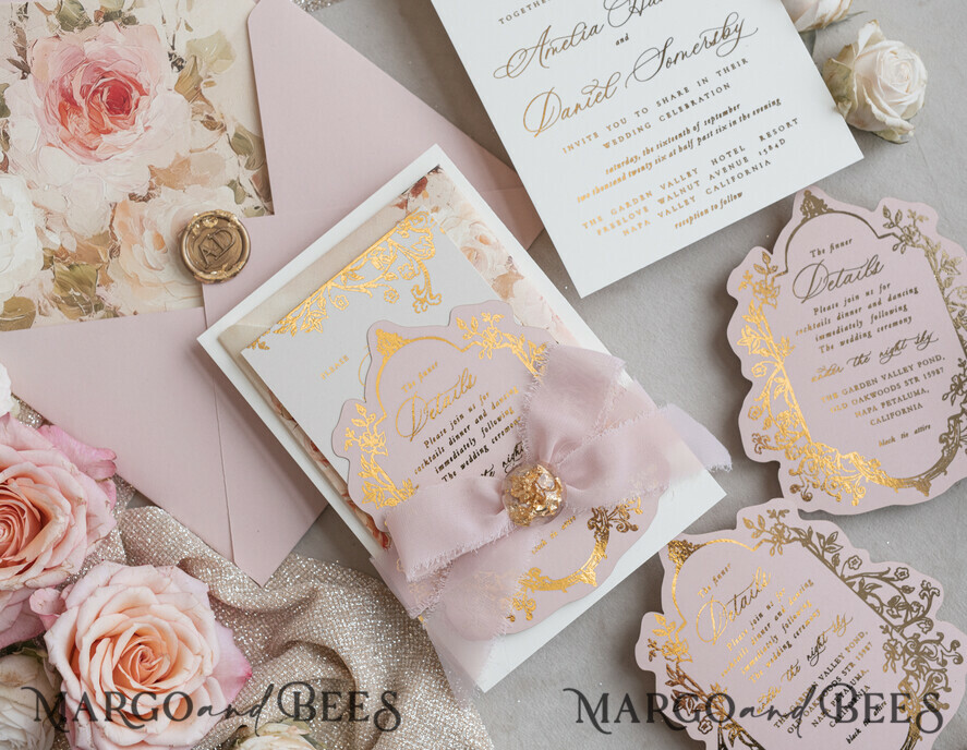 Vintage Baroque Wedding Invitation suite Beige Golden Fine art Roses Wedding Invitations with rsvp Victorian wedding crest Chinoiserie Invites Royal Ornamental frame
