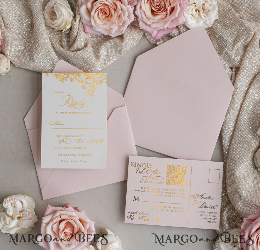 Vintage Baroque Wedding Invitation suite Beige Golden Fine art Roses Wedding Invitations with rsvp Victorian wedding crest Chinoiserie Invites Royal Ornamental frame
