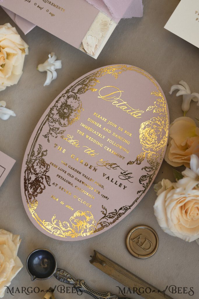 Vintage Baroque Wedding Invitation suite Beige Golden Fine art Roses Wedding Invitations with rsvp Victorian wedding crest Chinoiserie Invites Royal Ornamental frame
