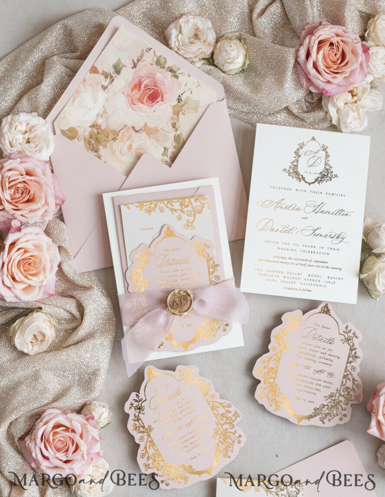 Vintage Baroque Wedding Invitation suite Beige Golden Fine art Roses Wedding Invitations with rsvp Victorian wedding crest Chinoiserie Invites Royal Ornamental frame
