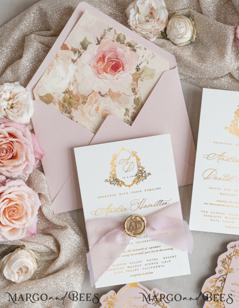 Vintage Baroque Wedding Invitation suite Beige Golden Fine art Roses Wedding Invitations with rsvp Victorian wedding crest Chinoiserie Invites Royal Ornamental frame
