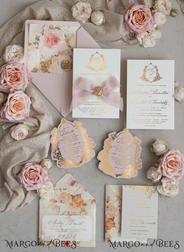 Vintage Baroque Wedding Invitation suite Beige Golden Fine art Roses Wedding Invitations with rsvp Victorian wedding crest Chinoiserie Invites Royal Ornamental frame
