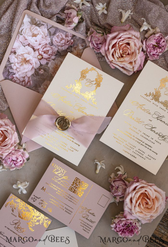 Vintage Baroque Wedding Invitation suite Beige Golden Fine art Roses Wedding Invitations with rsvp Victorian wedding crest Chinoiserie Invites Royal Ornamental frame
