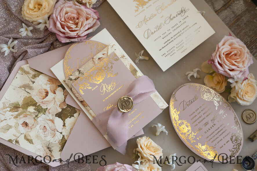 Vintage Baroque Wedding Invitation suite Beige Golden Fine art Roses Wedding Invitations with rsvp Victorian wedding crest Chinoiserie Invites Royal Ornamental frame
