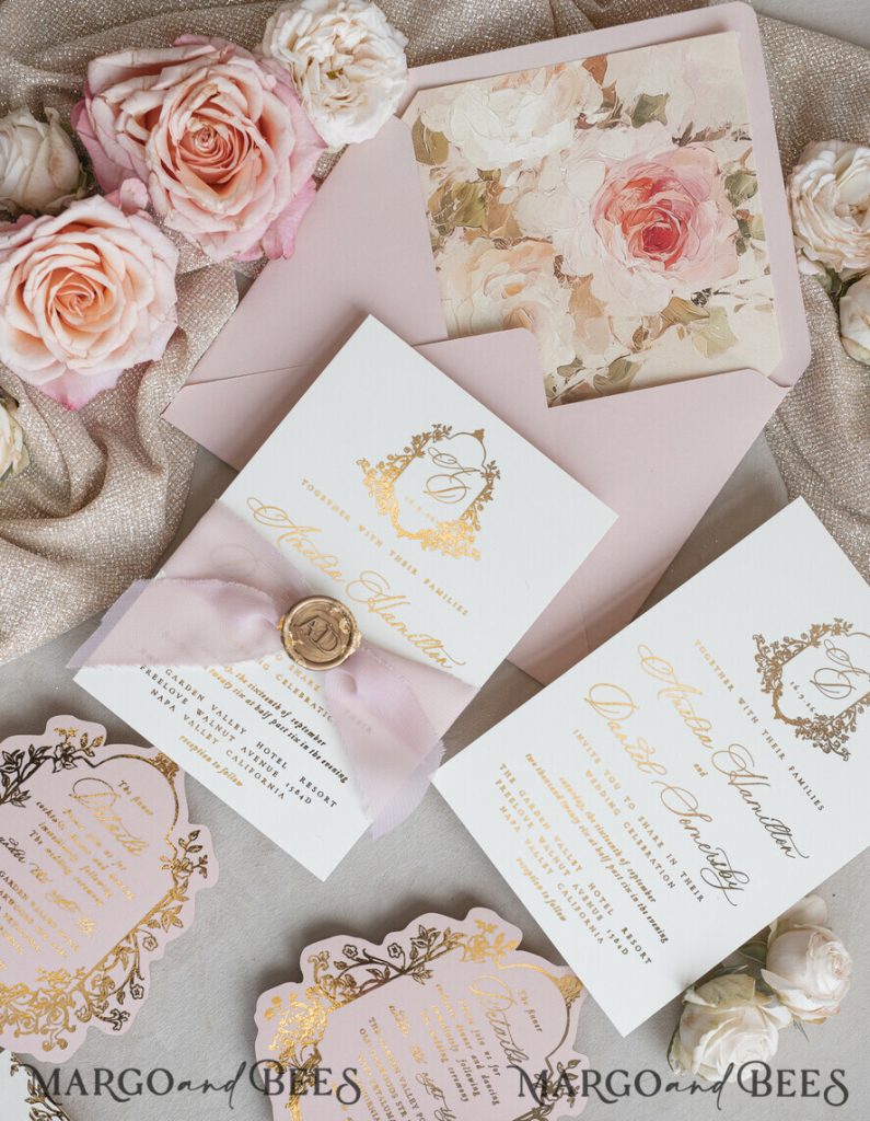 Vintage Baroque Wedding Invitation suite Beige Golden Fine art Roses Wedding Invitations with rsvp Victorian wedding crest Chinoiserie Invites Royal Ornamental frame
