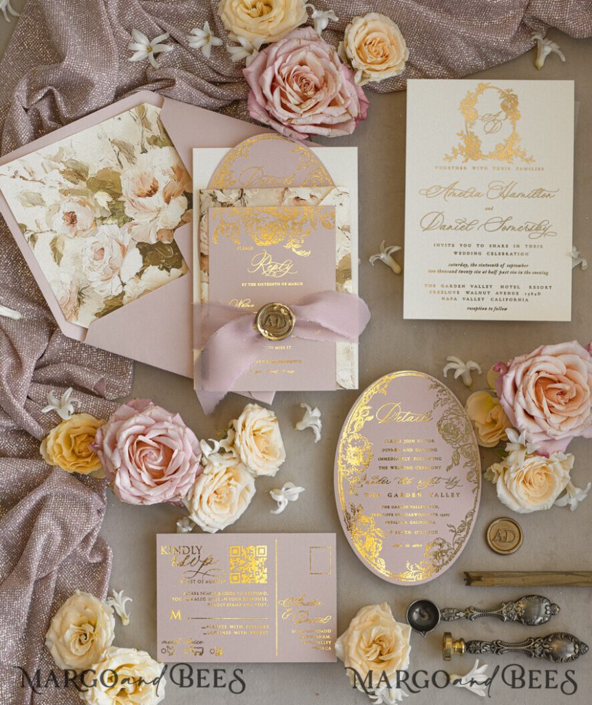 Vintage Baroque Wedding Invitation suite Beige Golden Fine art Roses Wedding Invitations with rsvp Victorian wedding crest Chinoiserie Invites Royal Ornamental frame
