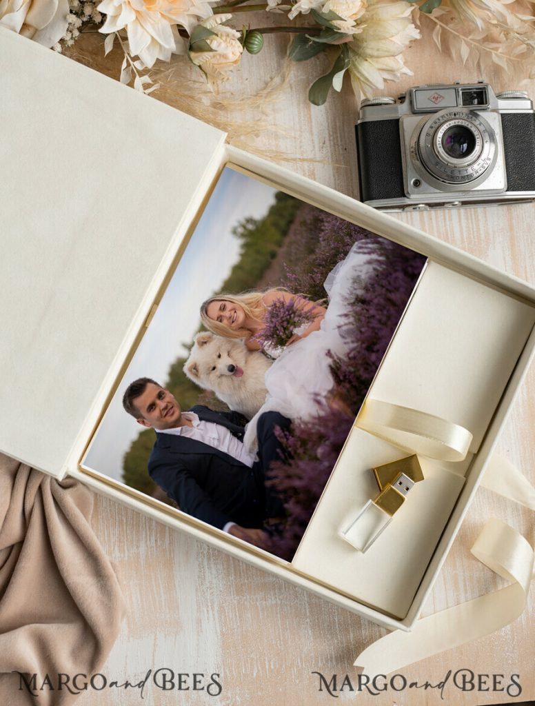 Ivory Large Velvet Photo Box, Gold Photographer Box, Wedding Memory Box, Gold Mirror Custom Keepsake Box, Photographer Gifts for Clients, Wedding Pictures packaging, Custom photography box
