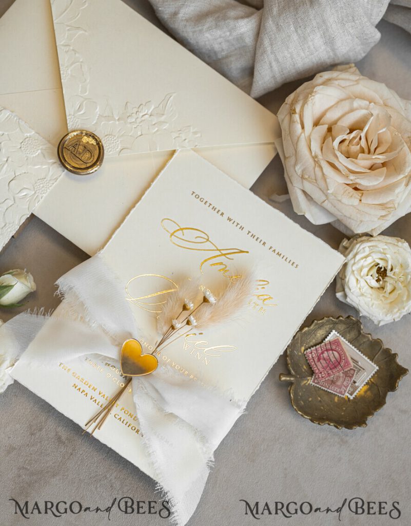 Fine Art Embossed Blind Ivory Gold Wedding Invitation with torn chiffon bow and dried flowers, Golden deboss Floral Wedding Invitation, Boho Ecru Debossed Invitation suite with mirror heart
