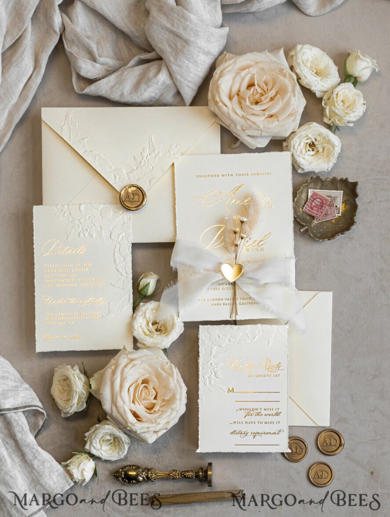 Fine Art Embossed Blind Ivory Gold Wedding Invitation with torn chiffon bow and dried flowers, Golden deboss Floral Wedding Invitation, Boho Ecru Debossed Invitation suite with mirror heart
