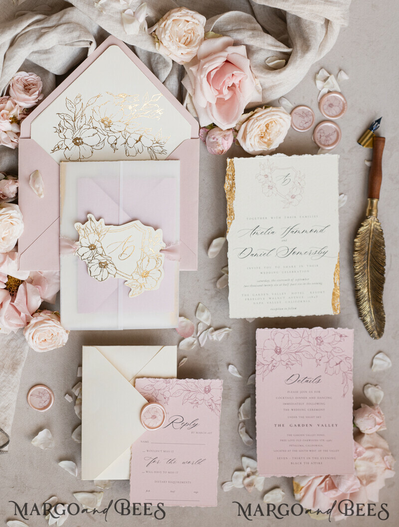 Vintage Floral golden Crest Monogram Blush Wedding Invitation with chiffon torn bow, French Provence Garden Elegant Floral Wedding Invitation suite Deckled Torn edges , Elegant Toile de Jouy & Baroque Invitation set