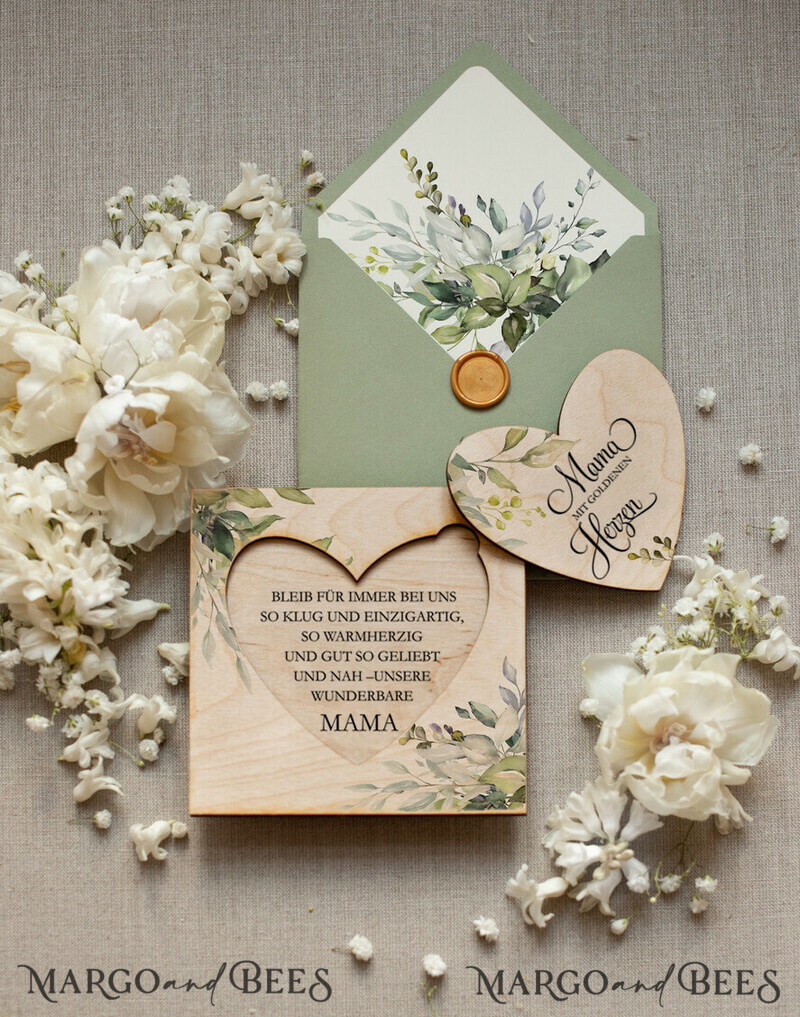 Holzkarte mit Herz für Mama – Geschenkidee zum Muttertag mit Umschlag & Siegel