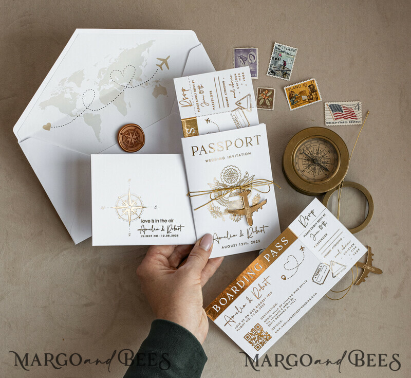 ✈️ Gold & White Passport Wedding Invitation | Destination Wedding Boarding Pass & Travel Map Stationery Set