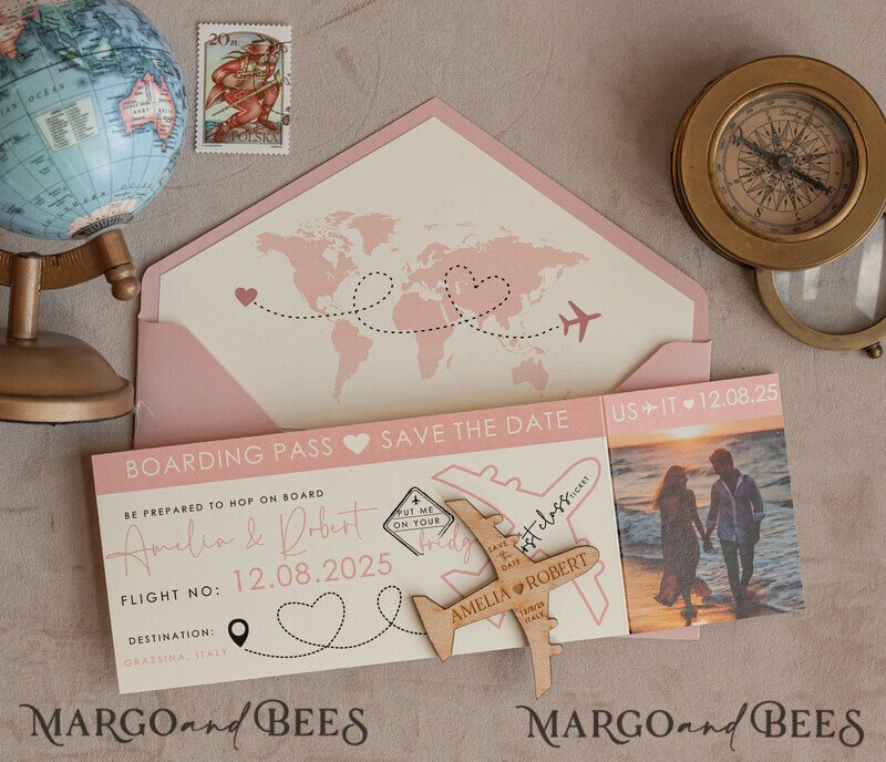 “Blush Pink Wooden Airplane Magnet Save The Date Cards: Boarding Pass Travel Airplane Destination Wedding Magnets with Photo”