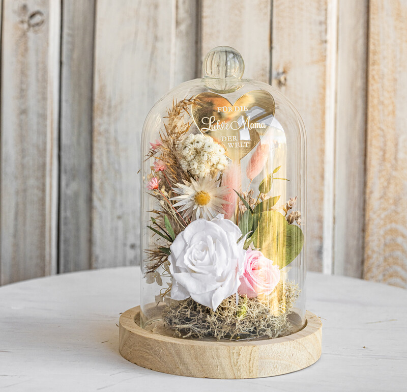 Glaskuppel mit Trockenblumen & Rose – Geschenkidee zum Muttertag