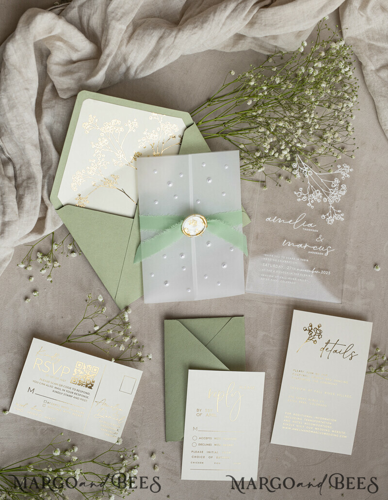 Sage Green Frozen Transparent Baby Breath Wedding Invitations, Elegant Garden Gypsophila Wedding Cards