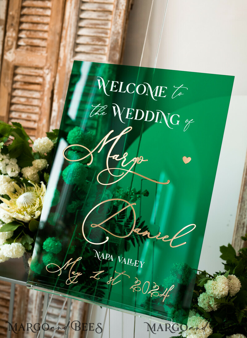 Luxury Green and Gold Wedding Welcome Sign, Emerald Green Acryl Wedding Decor