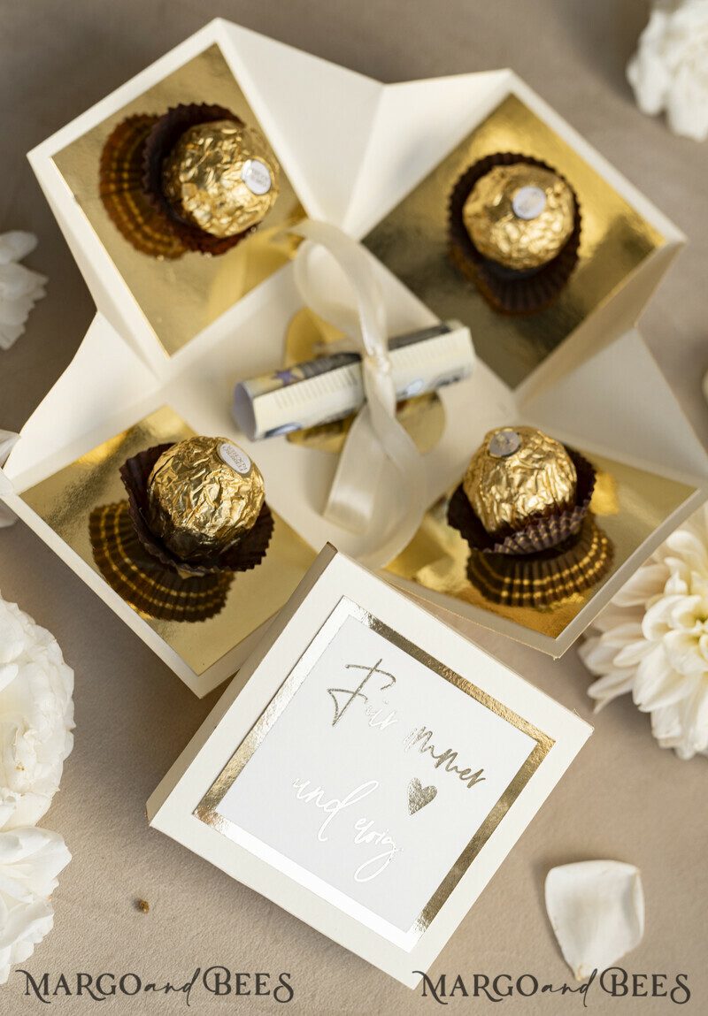 Mini Geldgeschenk zur Hochzeit – Kleines Box mit großer Wirkung Kleines Geldgeschenk zur Hochzeit Exploding Box mit Pralinen