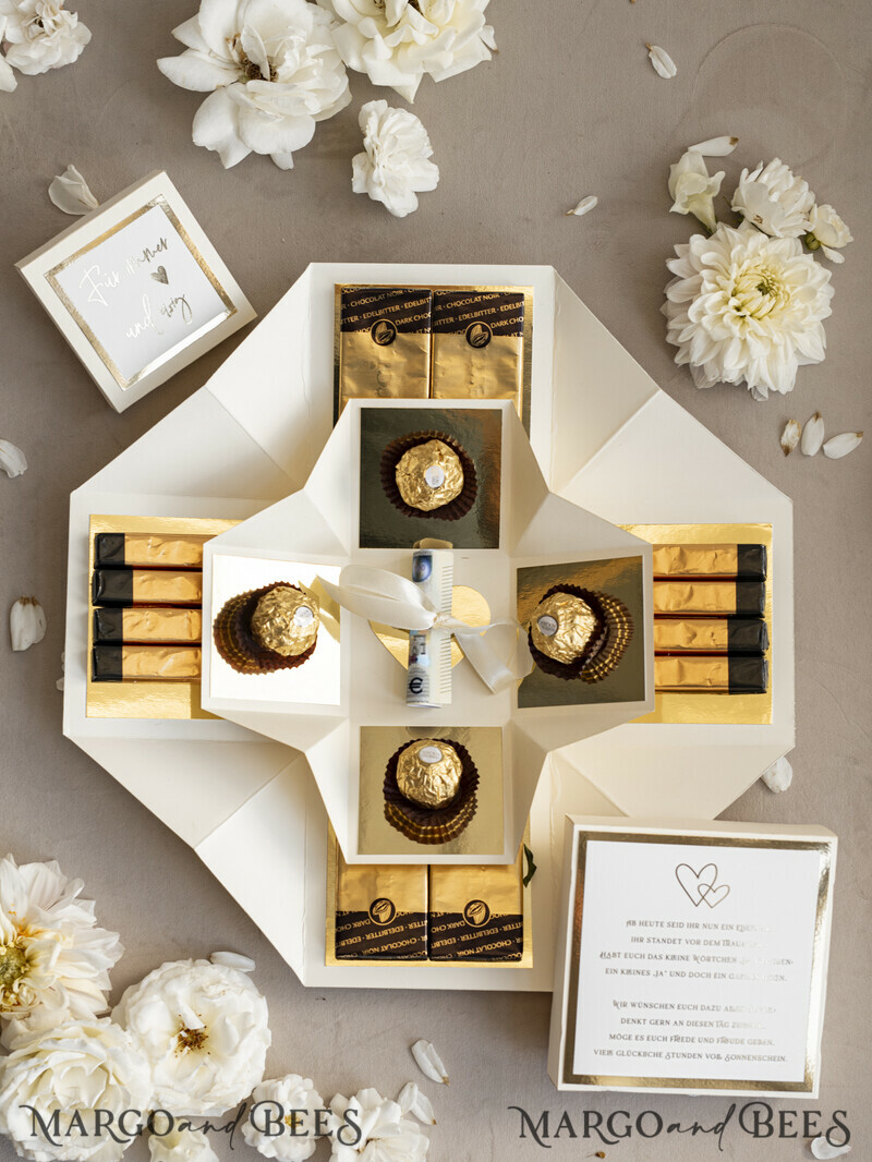 Kleines Geldgeschenk zur Hochzeit – Exploding Box mit Pralinen und persönlichem Gruß