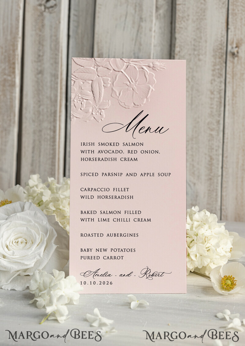 Embossed Blush Pink Wedding Menu, Elegant Wedding Menu Cards With Floral leaf Motif